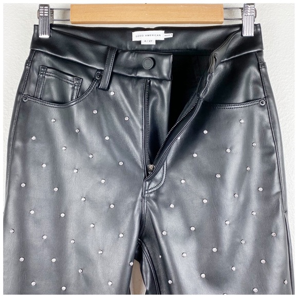 Good American Crystal Embellished Faux Leather Straight Leg Pants Size 27 - Picture 7 of 11